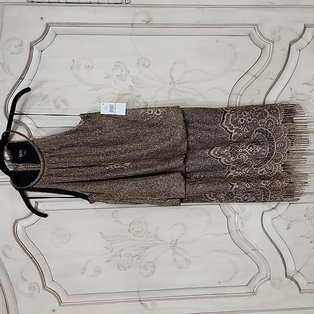 NWT SLNY Gold Blouson Halter Crochet Fringe Hem Short Dress Sz 8P - Picture 4 of 10